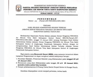 BKSDM Kerinci Umumkan Hasil Seleksi Administrasi Jabatan Dewan Pengawas PDAM Tirta Sakti