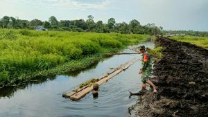Tidak Ada Akses Darat, Babinsa Terpaksa Turun Kekanal Bawa Material Jembatan