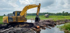 Pembukaan Jalan Baru TMMD Bergambut, Eksavator Butuh Pohon Kelapa