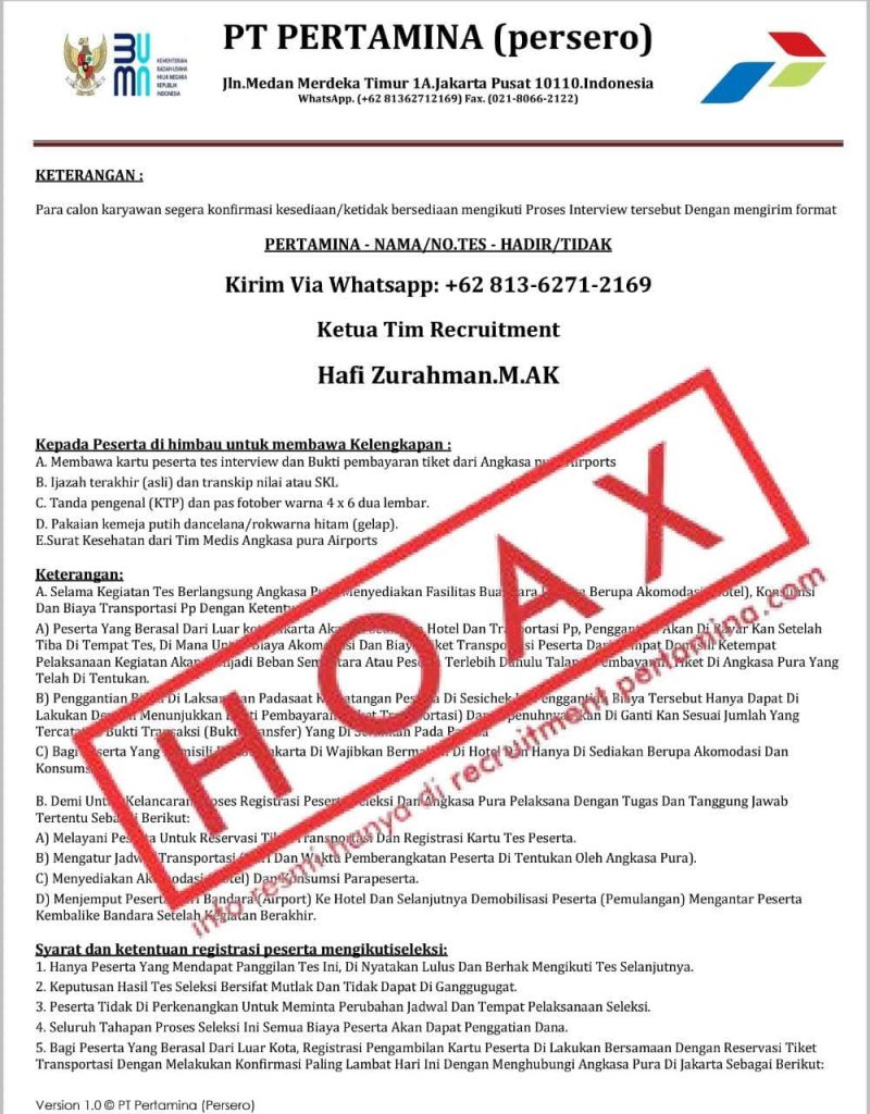 Pengumuman Tes Seleksi Rekrutmen Pertamina Hoax, Waspadai Penipuan