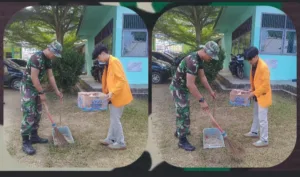 Satgas TMMD ke-121 Kodim 0415/Jambi Bersama Mahasiswa Gotong Royong di Kantor Desa Sukamaju